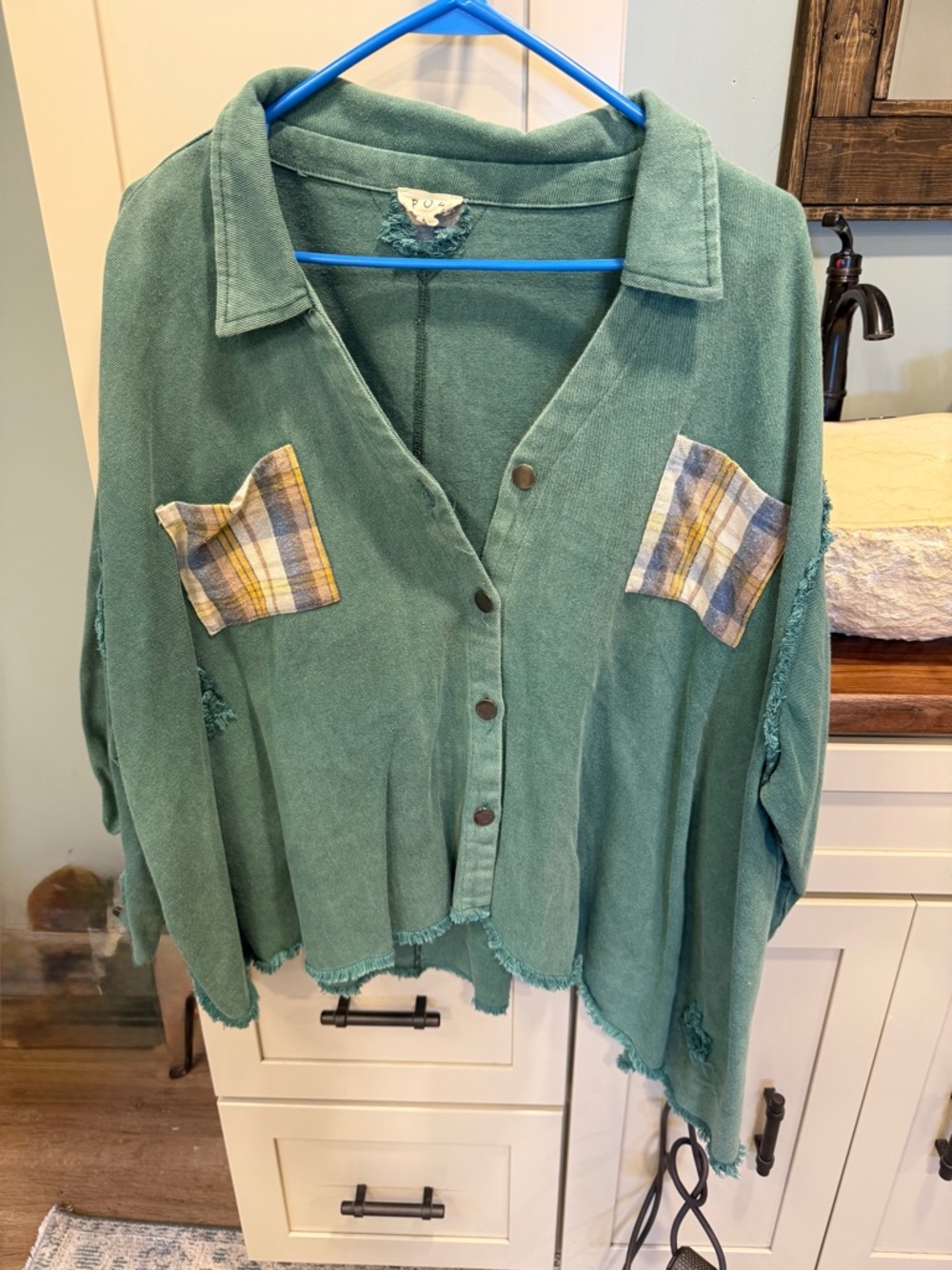 Teal Button-Front Lightweight Shirt Jacket with Plaid Pockets POL NWOT